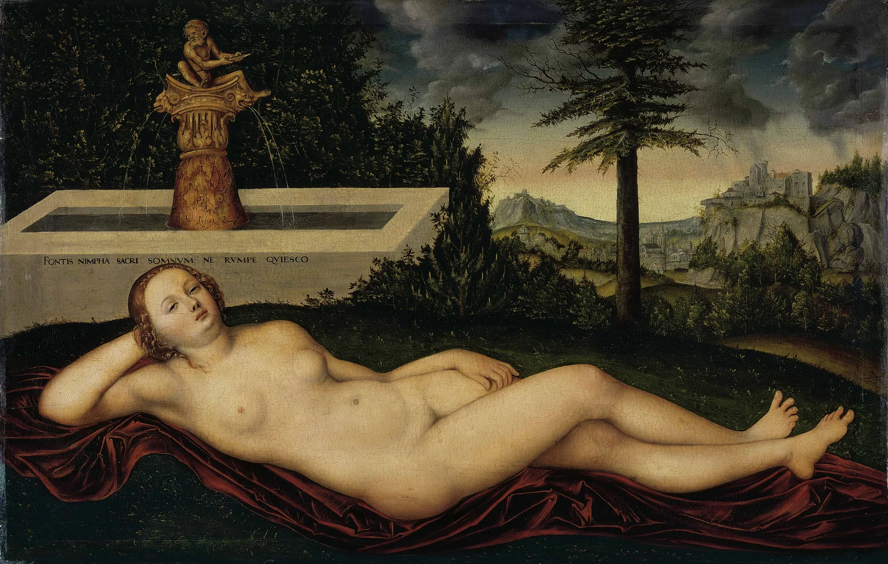 A classical painting of a reclining nude woman in a landscape.